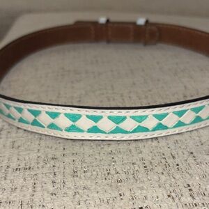 Woven Leather Belt with Teal and White Pattern